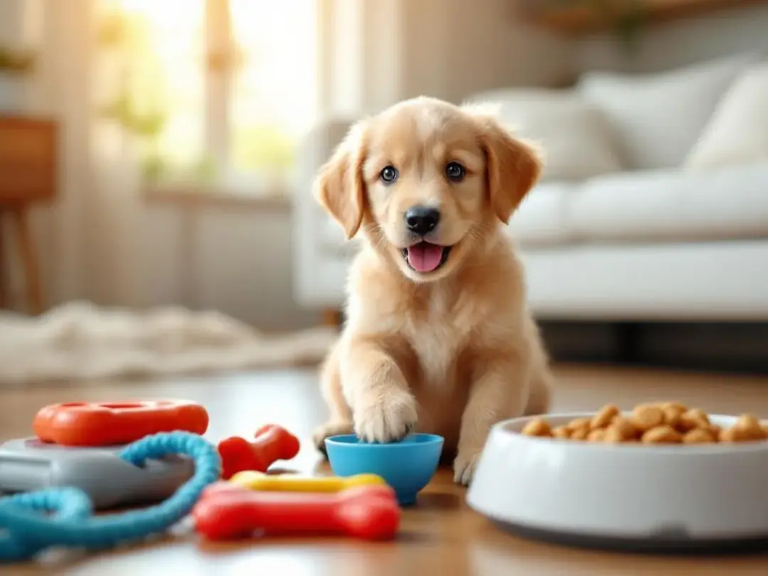 An 8-week-old puppy is happily playing with colorful chew toys and puzzle feeders in a safe indoor area, showcasing the...