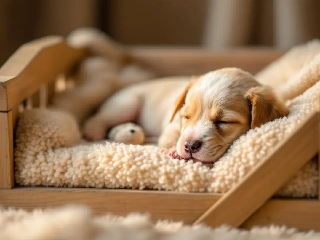 The image depicts a peaceful evening scene where an 8-week-old puppy is settling into its crate, surrounded by soft...