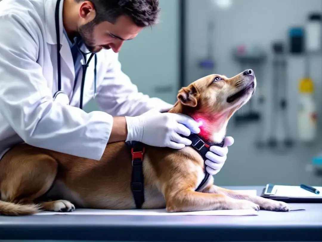 A veterinarian is carefully examining a dog's throat and neck area during a physical exam, potentially checking for...