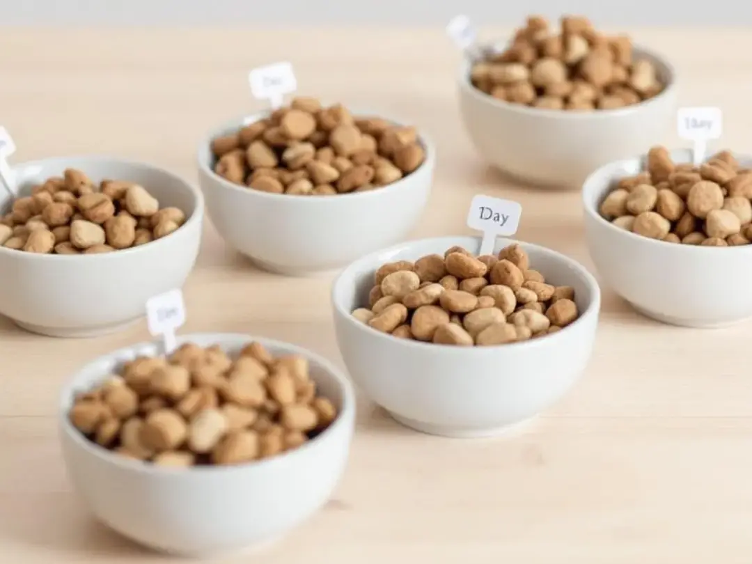 In the image, several small bowls are filled with carefully portioned dog food, demonstrating the importance of proper...