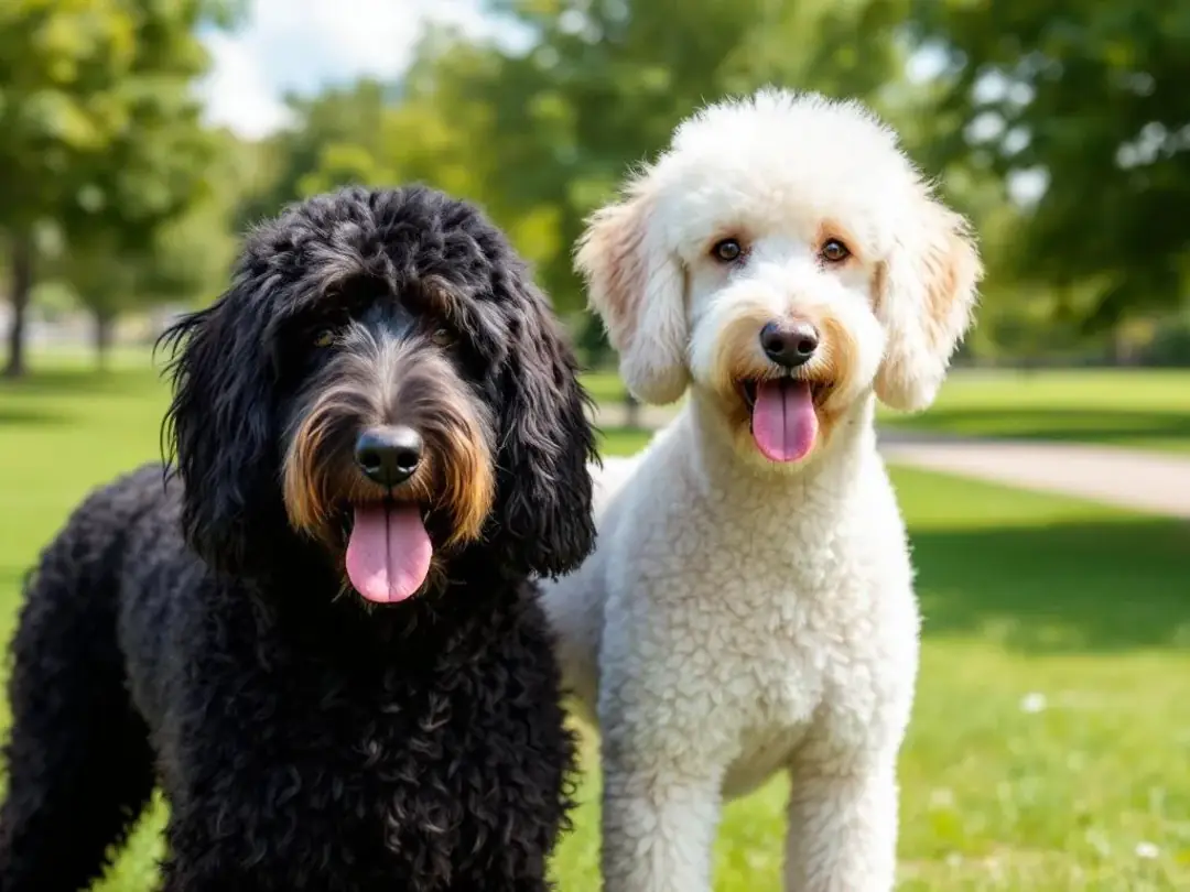 In the image, a Standard Poodle and a Portuguese Water Dog stand side by side in a lush green park, showcasing their...