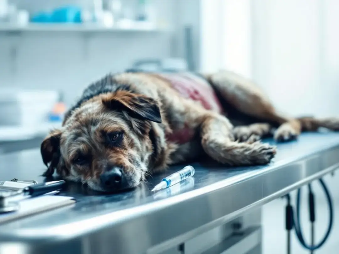 A collapsed dog lies on an examination table, surrounded by veterinary equipment, indicating a medical emergency...