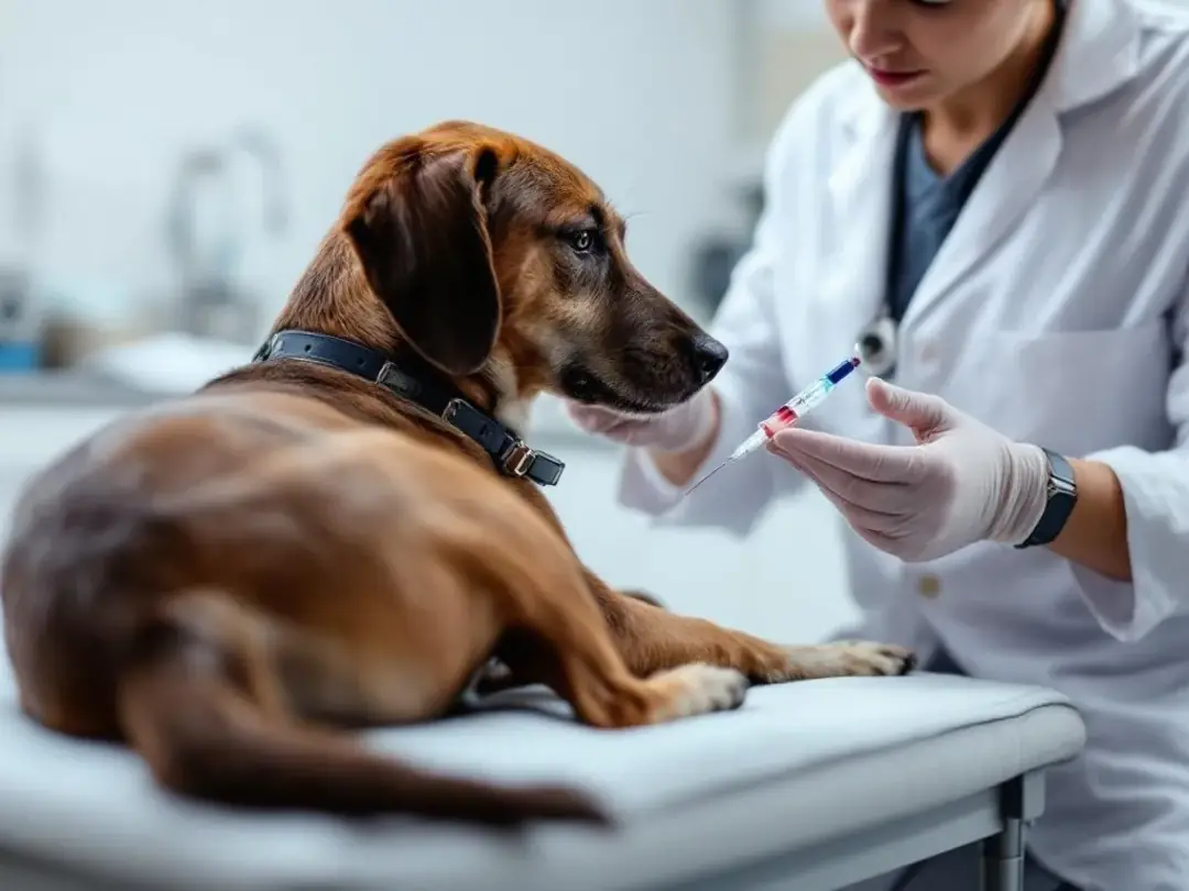A veterinarian is drawing blood from a dog's leg for laboratory testing, which is essential for diagnosing conditions...