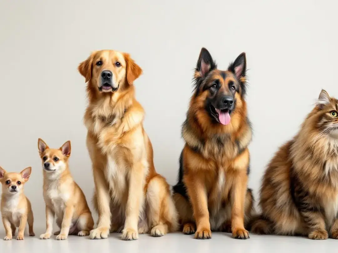 The image showcases various dog and cat breeds, highlighting the size differences between a small Chihuahua and a...