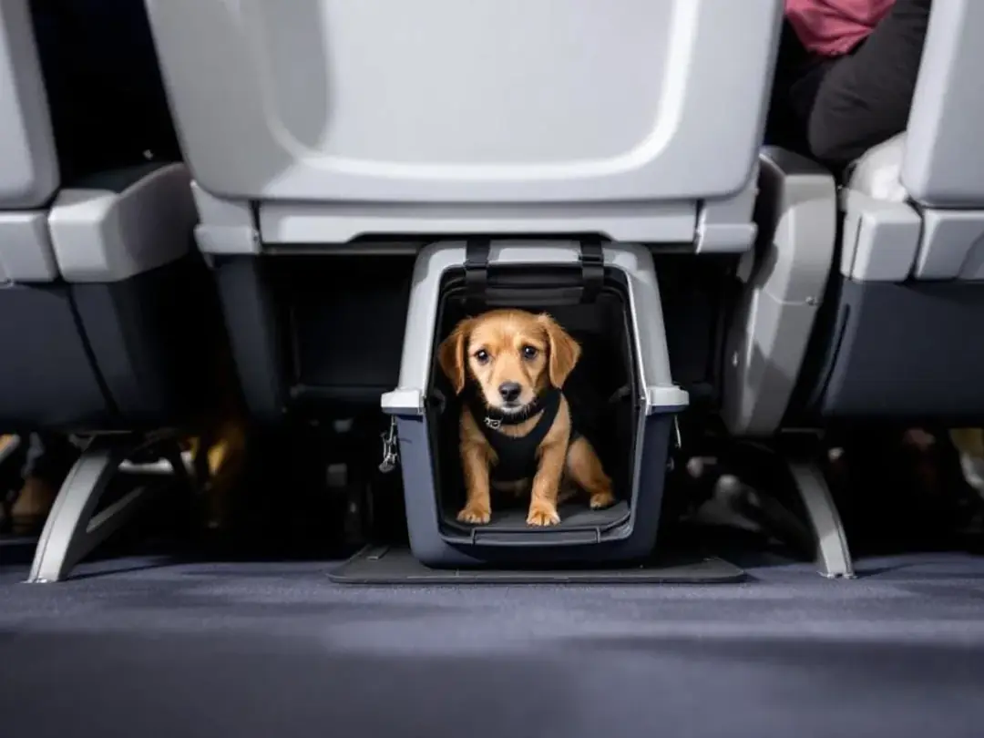The image depicts an airplane cabin with a well-positioned airline approved pet carrier securely placed in the...