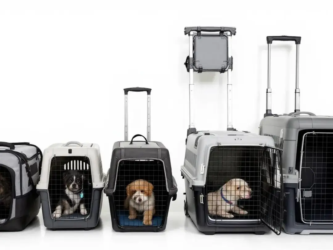 The image displays various types of pet carriers, including both soft-sided and hard-sided options, arranged to show...