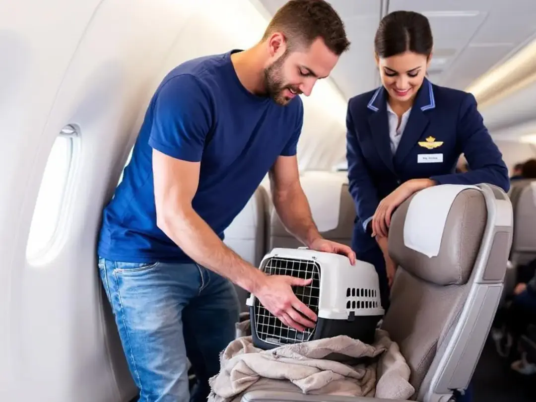 A pet owner is checking the fit of a soft-sided pet carrier under an airplane seat while a flight attendant observes...