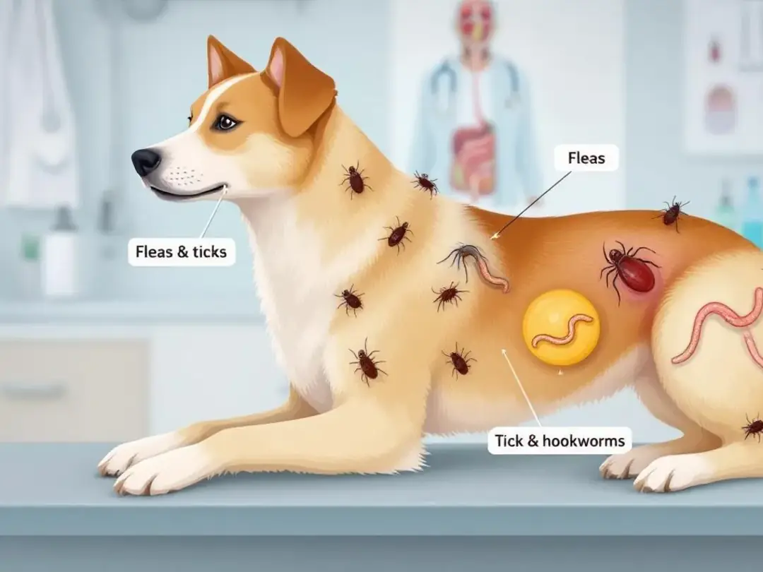 In the image, various common parasites that cause anemia in dogs are depicted, including fleas, ticks, and hookworms...