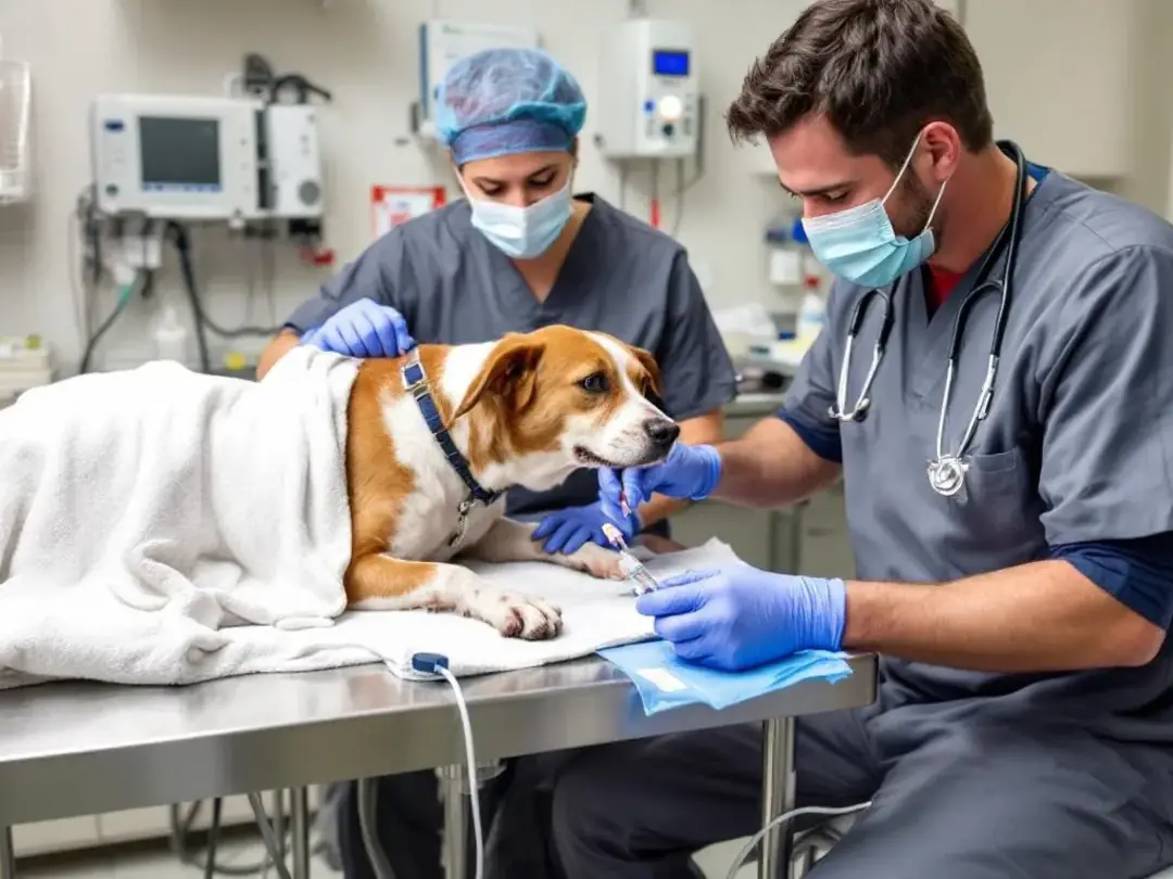 A veterinary team is seen preparing a blood transfusion for a dog suffering from severe anemia, likely due to...