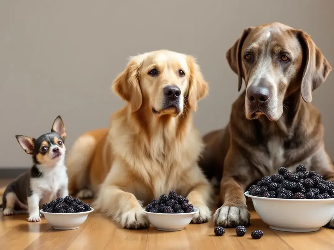 In the image, various serving sizes of fresh blackberries are displayed next to different sized dogs, illustrating how...