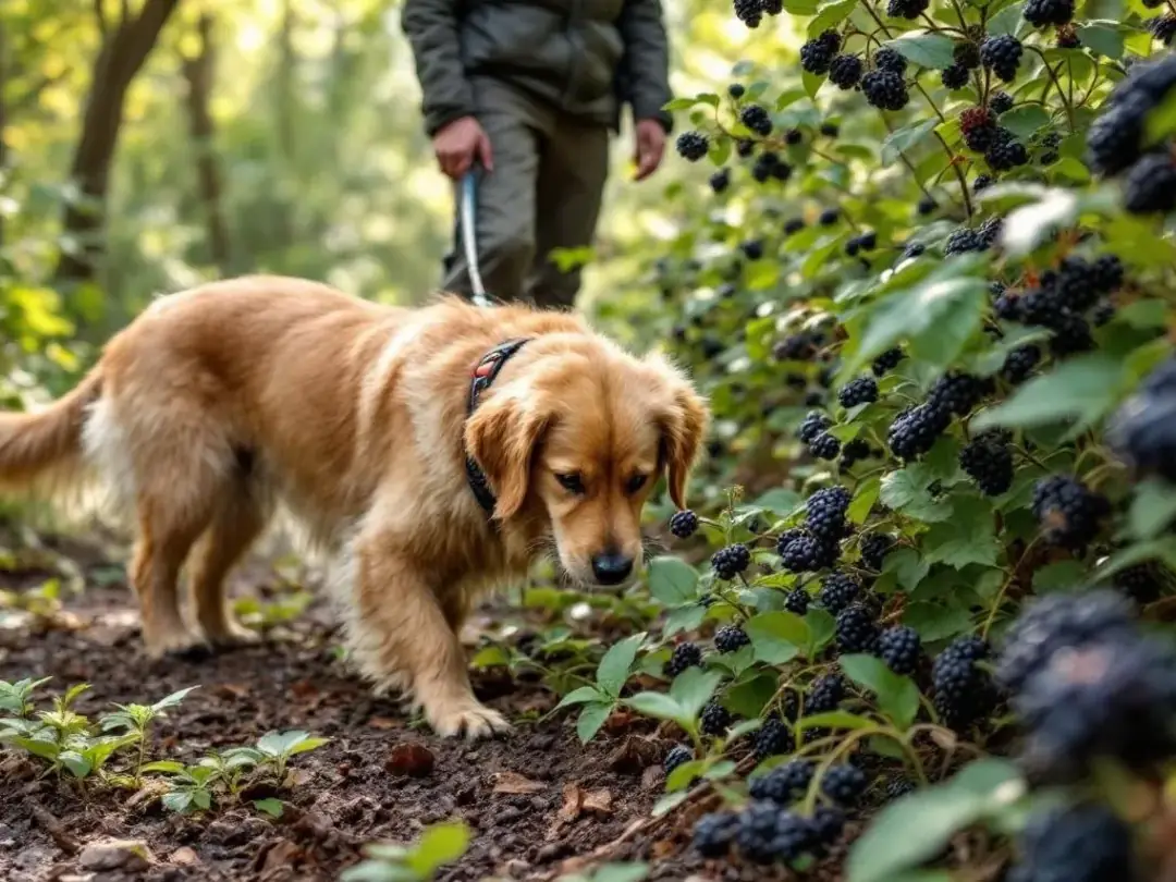 A dog is safely exploring a patch of wild blackberry bushes under the supervision of its owner, showcasing the dog's...