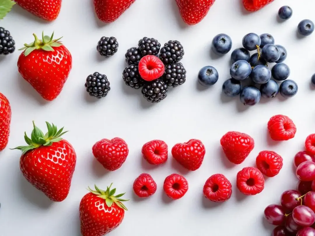 An array of various safe berries is displayed, arranged by size and color, showcasing their vibrant hues and shapes...