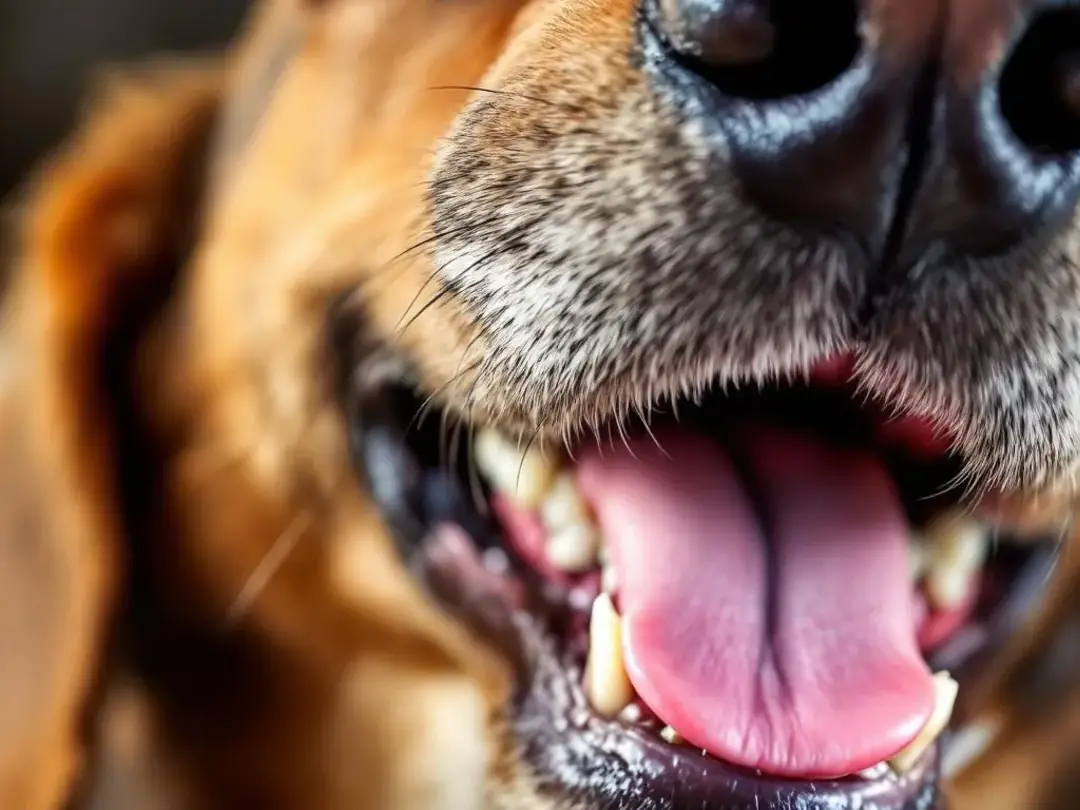 A close-up image of a dog's teeth reveals the benefits of chewing on high-quality bully sticks, showcasing reduced...