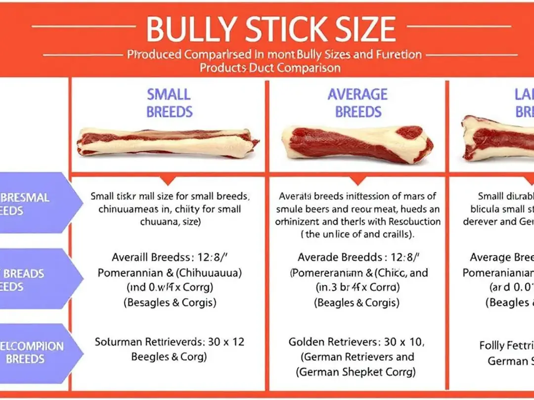 The image displays a comparison chart featuring various sizes of bully sticks suitable for different dog breeds...