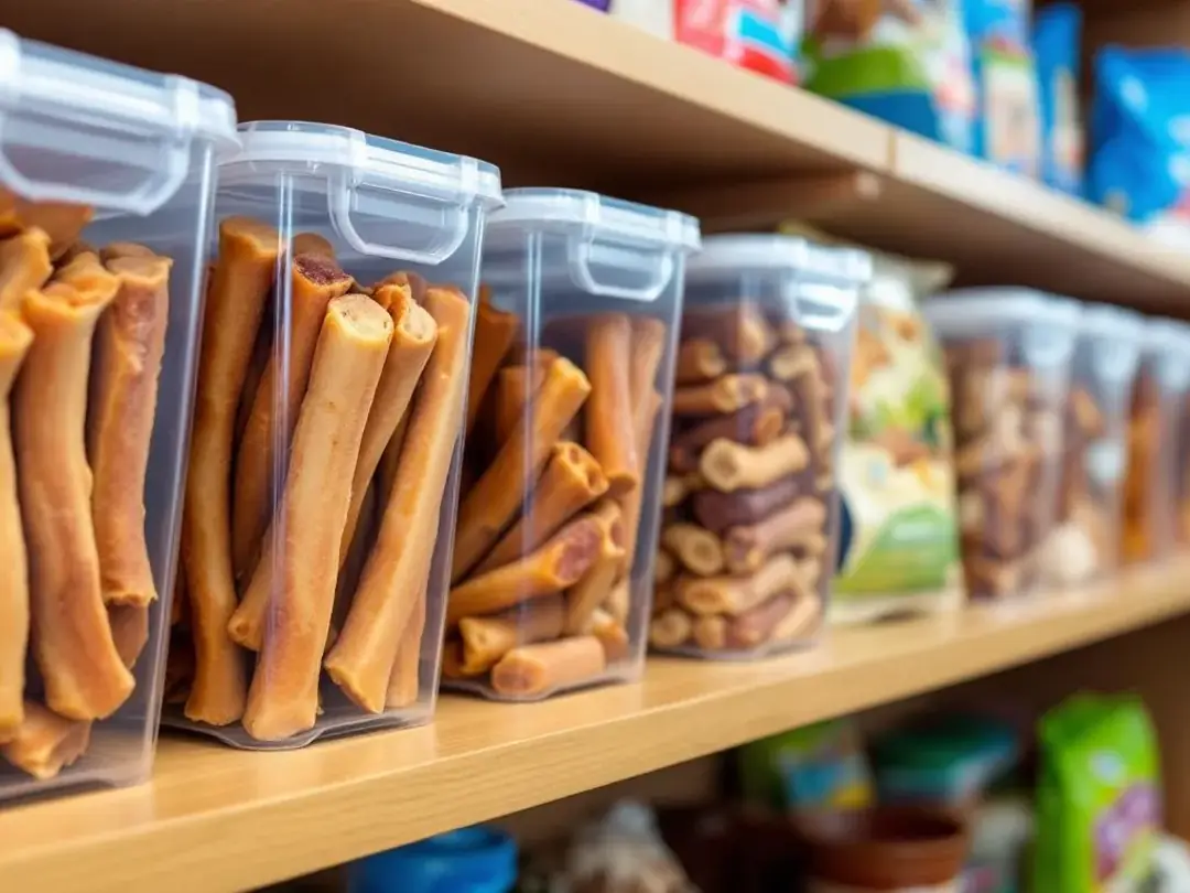 In the image, a well-organized pantry features airtight containers filled with high-quality bully sticks, ensuring they...