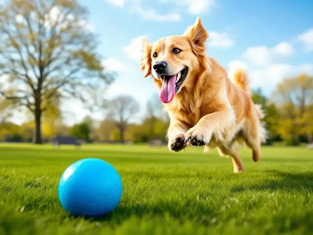 A golden retriever joyfully plays with a bright blue ball on the lush green grass of a park, showcasing the dog's...