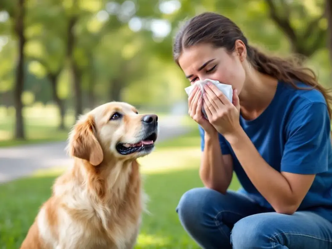 A person is shown experiencing allergy symptoms, such as a runny nose and watery eyes, while sitting near a golden...