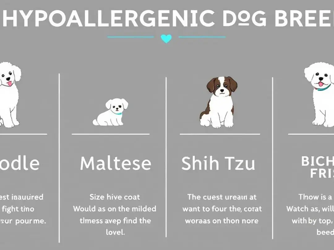 The image depicts a comparison chart showcasing various hypoallergenic dog breeds, including the soft coated wheaten...