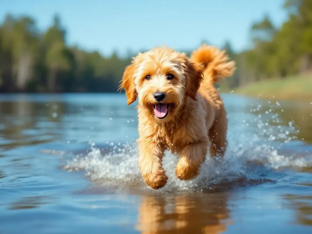 A playful goldendoodle is joyfully running through shallow water at a lake, splashing as it enjoys its swimming...