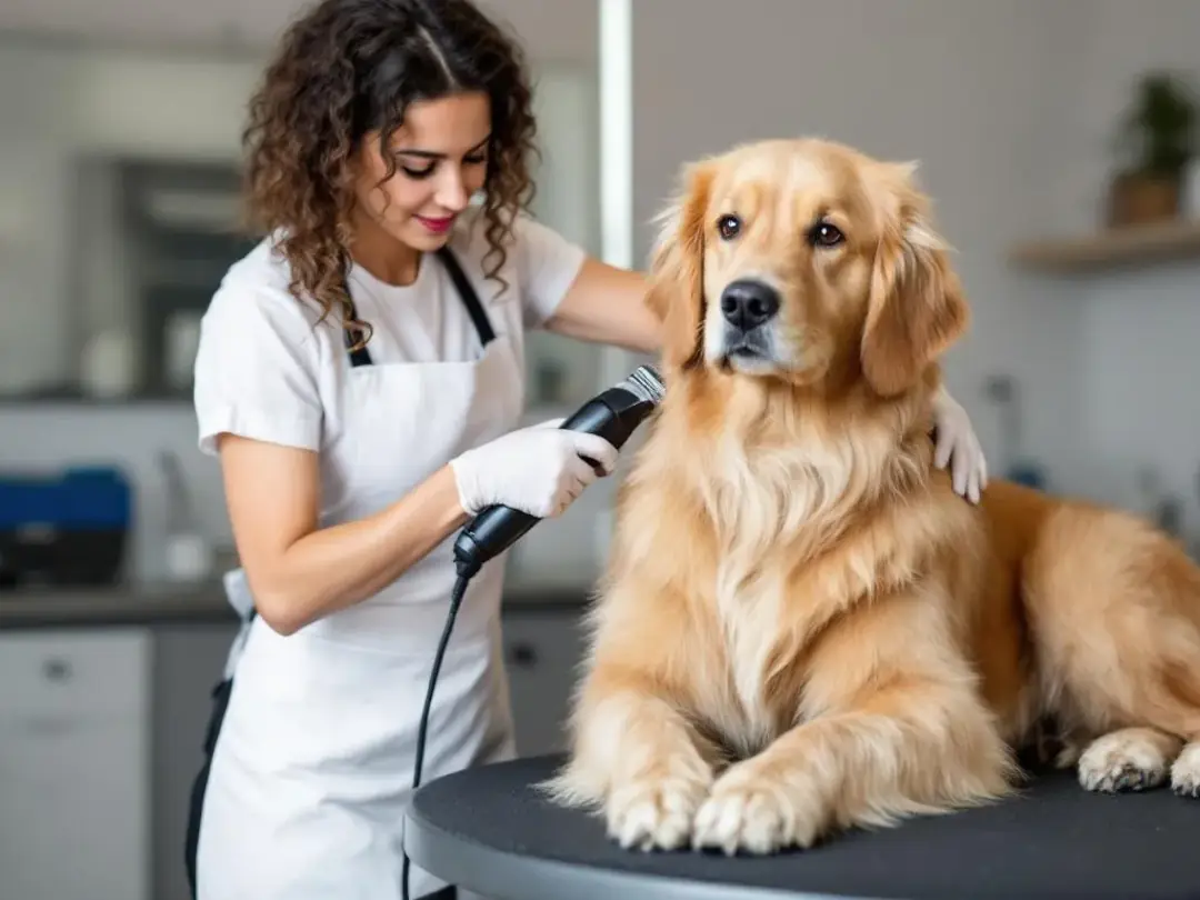 A professional groomer is carefully using clippers on a fluffy Goldendoodle's coat, showcasing the dog's friendly and...