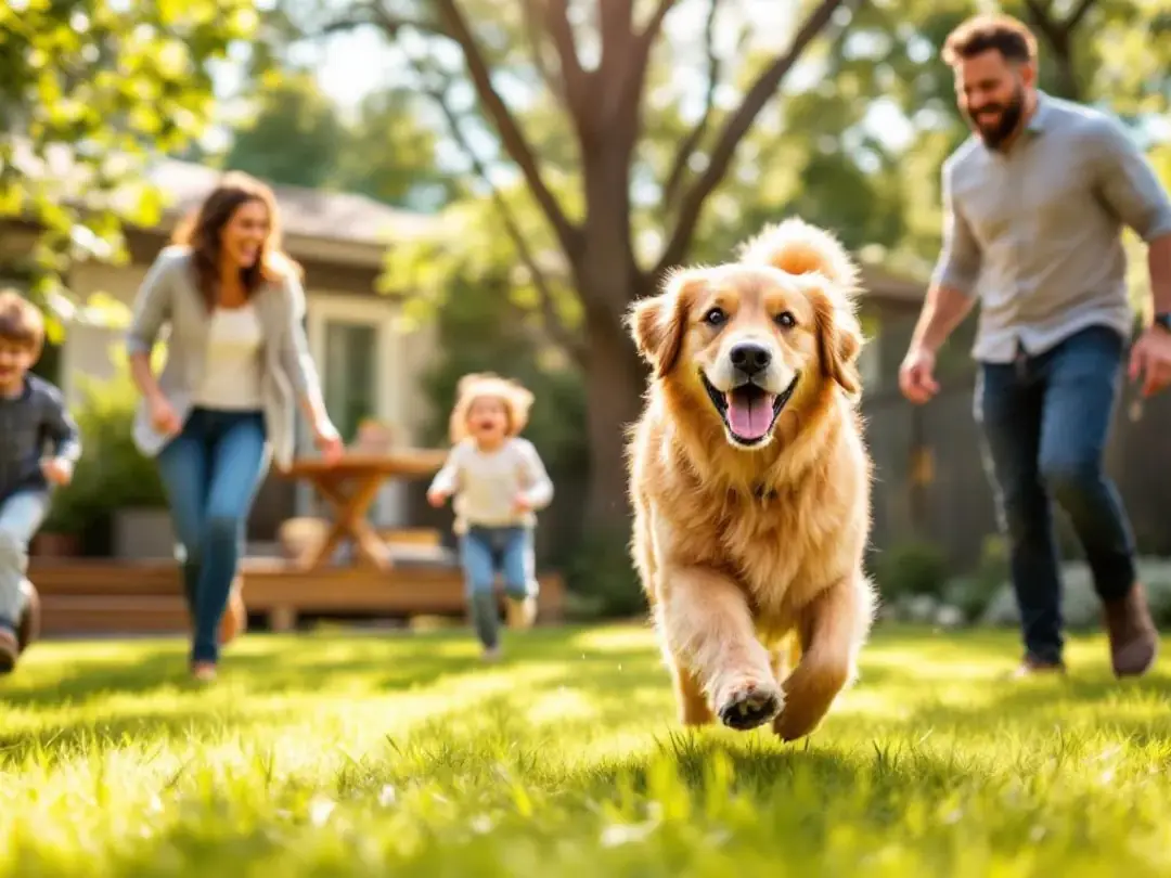 A family with children is joyfully playing in their backyard with a medium-sized Goldendoodle, showcasing the dog's...