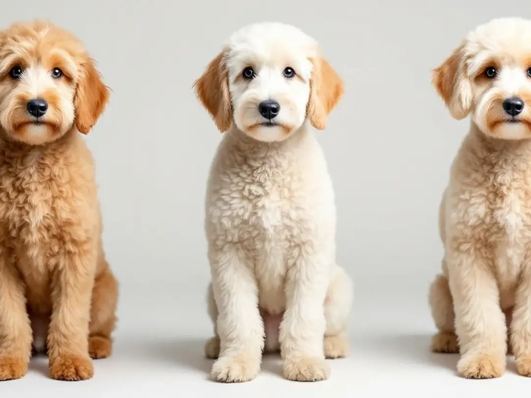 In the image, three Goldendoodles with different coat types are displayed side by side, showcasing their varying...
