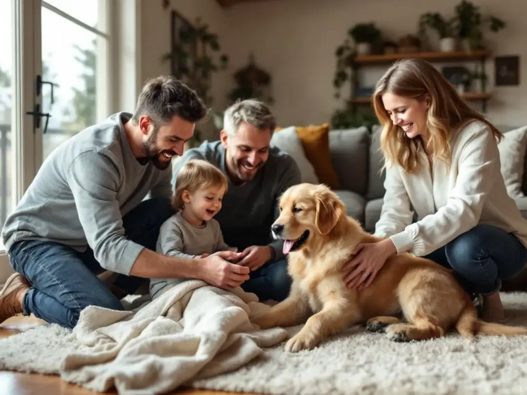 In a cozy home setting, a family joyfully interacts with a playful Goldendoodle puppy, showcasing the breed's friendly...