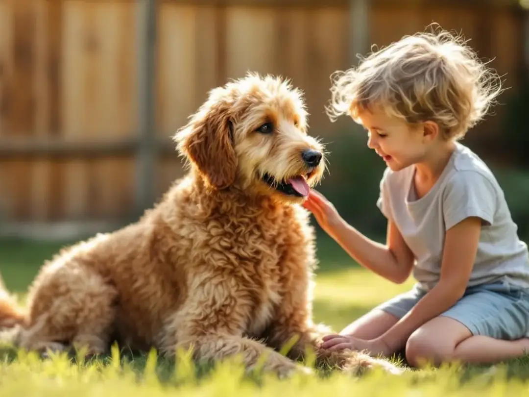 A goldendoodle is seen gently interacting with a young child, showcasing its affectionate nature and high intelligence...