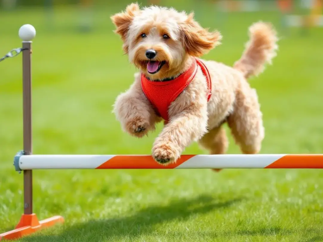 A goldendoodle expertly navigates an agility course obstacle, demonstrating their high intelligence and trainability...