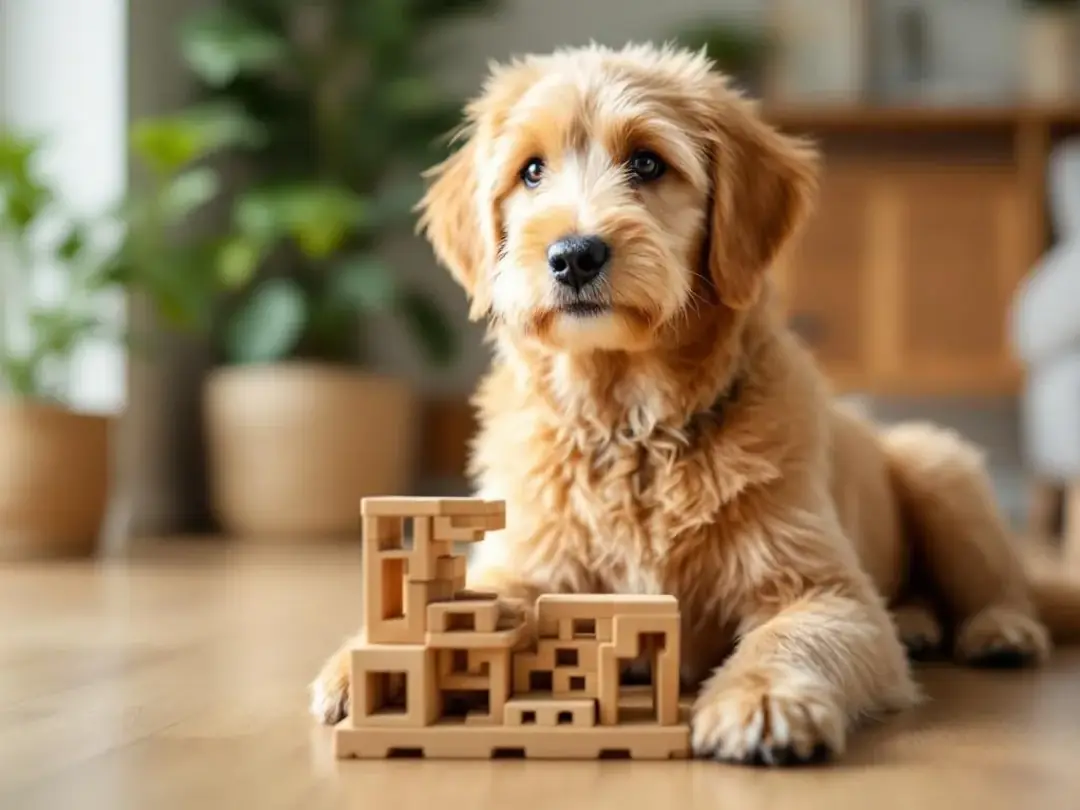 A goldendoodle is intently focused on solving a complex puzzle toy, showcasing the high intelligence and mental...