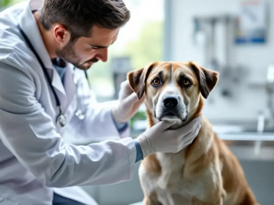 A veterinarian is gently examining a concerned-looking dog in a clinical setting, ensuring the dog's health is...