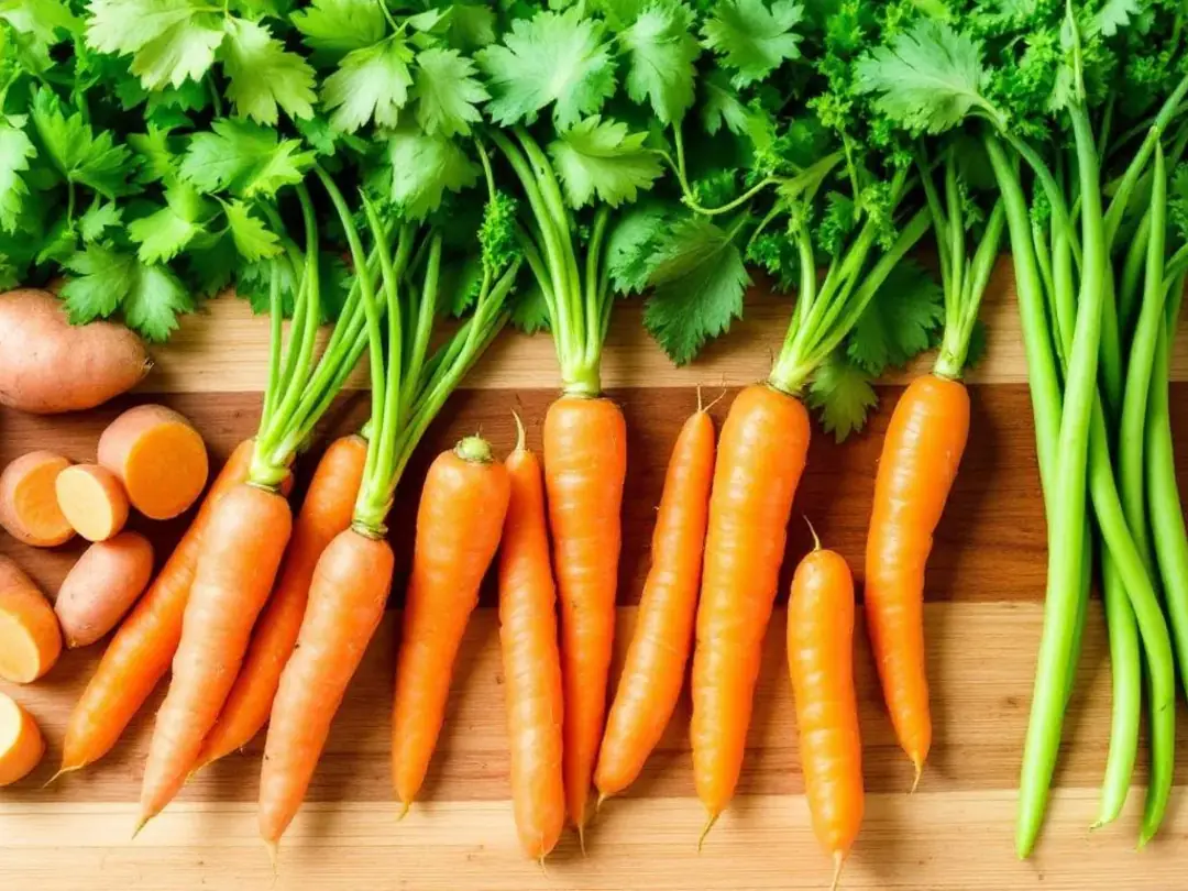 An assortment of dog-safe vegetables, including vibrant orange sweet potatoes, crunchy carrots, and fresh green beans...