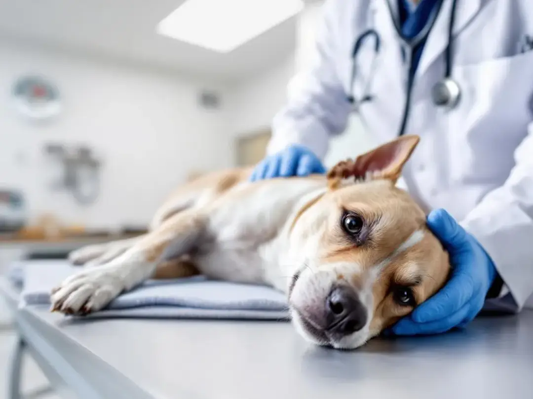 A veterinarian is gently examining a small dog on an examination table, ensuring its health and well-being. The scene...