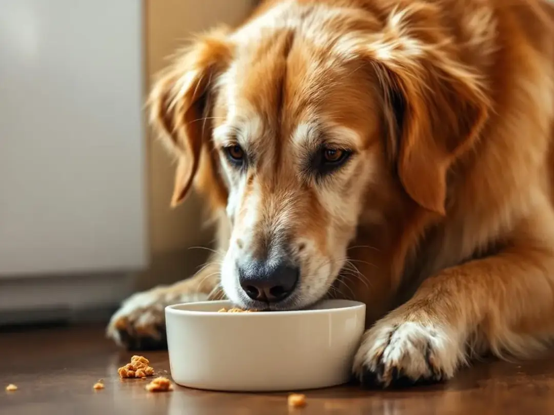 An elderly golden retriever is happily eating from a food bowl on a kitchen floor, enjoying a nutritious meal that...