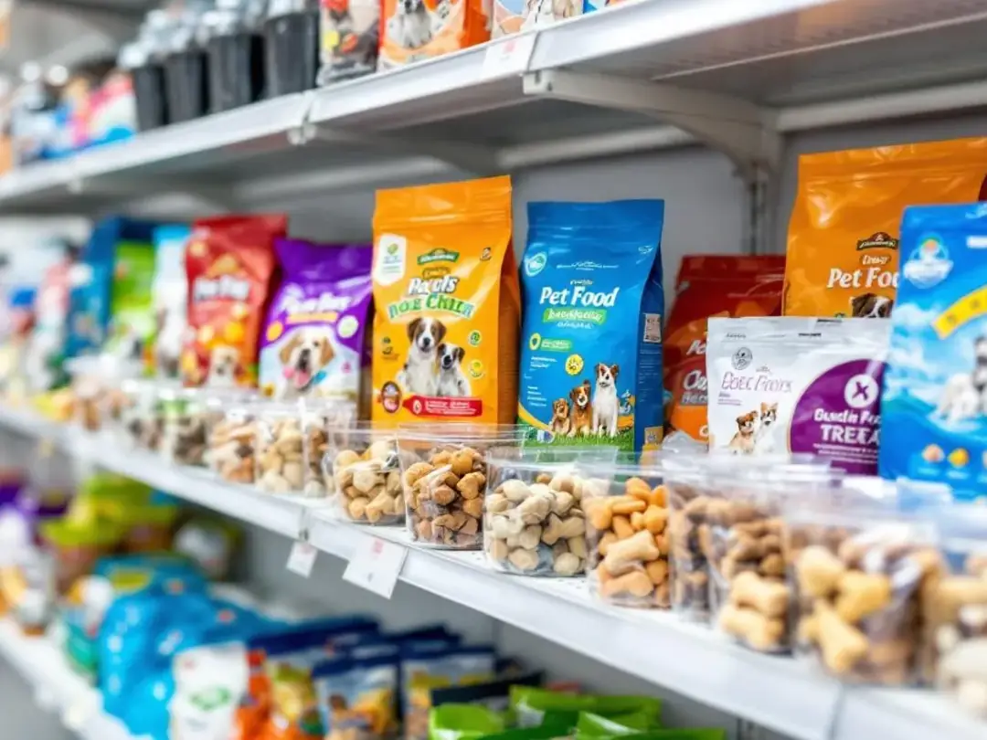 In the image, various bags of commercial dog food and treats are neatly arranged on a pet store shelf, showcasing a...