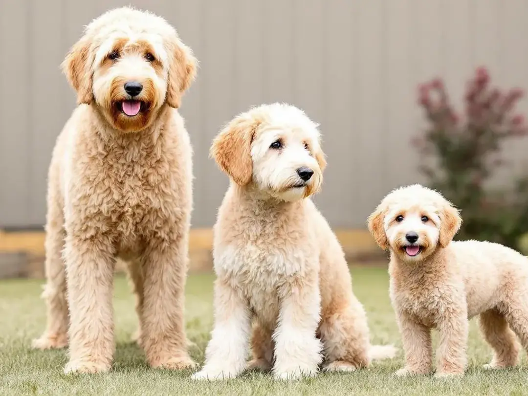 The image shows a comparison of adult Goldendoodles in three sizes: Standard, Medium, and Miniature, highlighting the...
