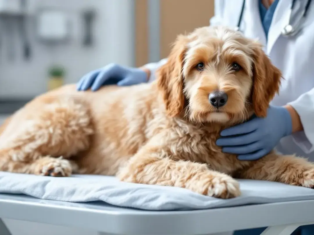 A pregnant Goldendoodle is gently examined by a veterinarian in a calm clinical setting, showcasing the importance of...