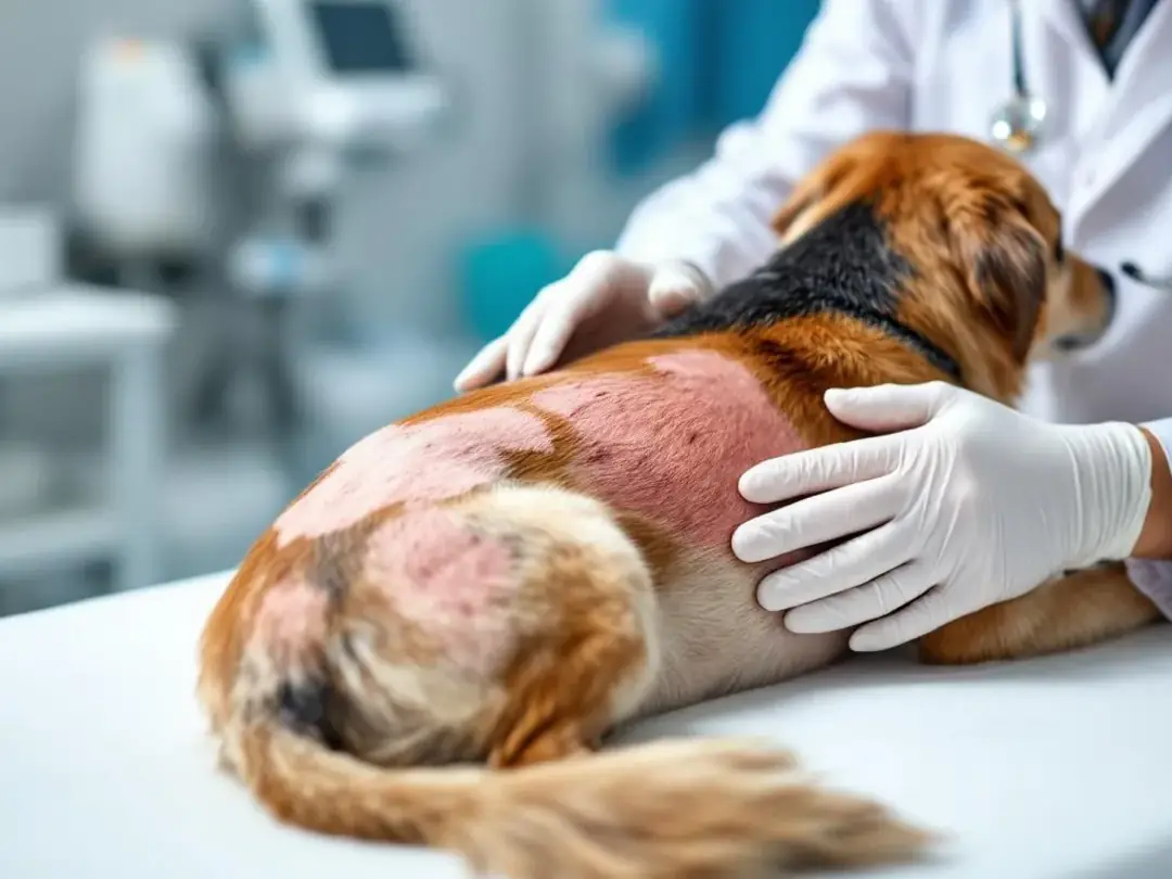 A veterinarian is closely examining a dog's skin with a magnifying glass, highlighting areas of hair loss and bald...