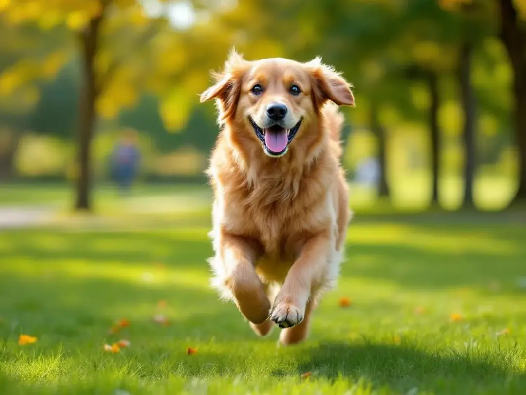 A joyful dog with a full, healthy coat is running playfully in a sunny park, showcasing its vibrant energy and...