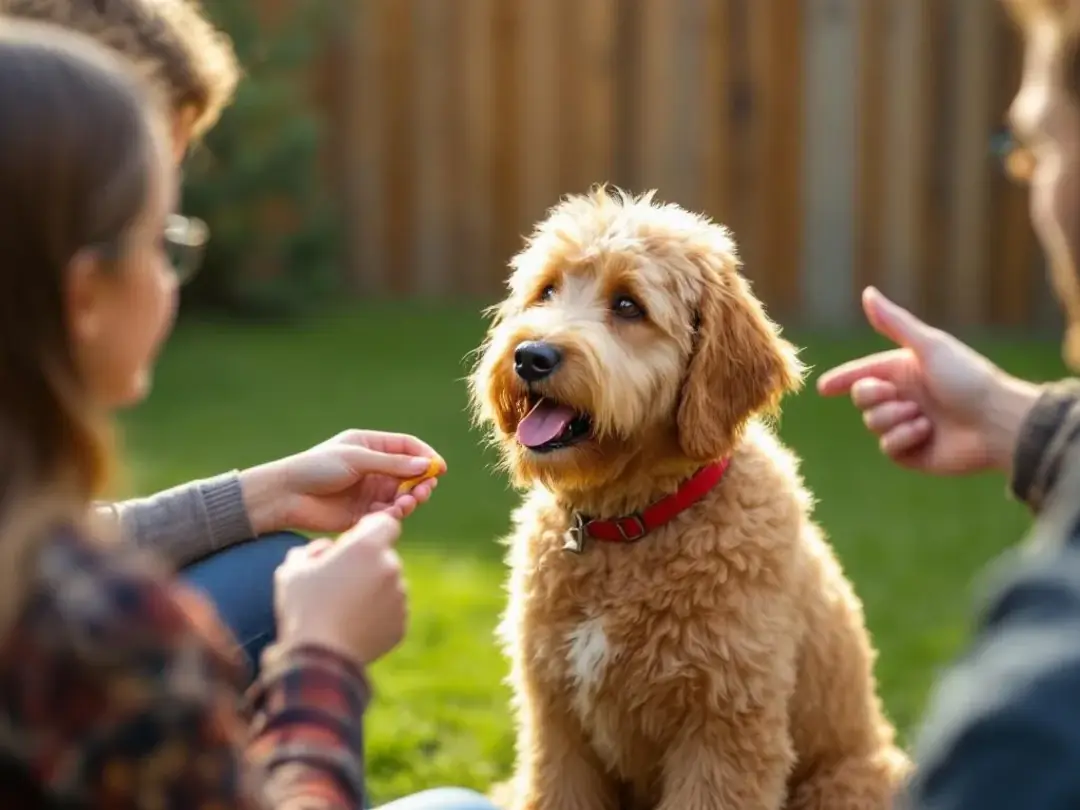 A bernedoodle is sitting attentively during a training session with a family, showcasing the breed's eagerness to learn...