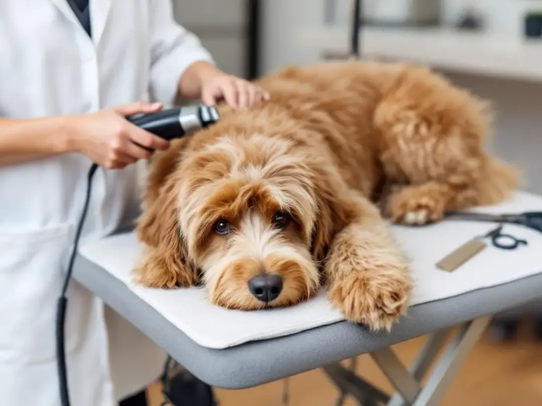 A calm bernedoodle is being professionally groomed, showcasing its curly coat and gentle demeanor during the grooming...