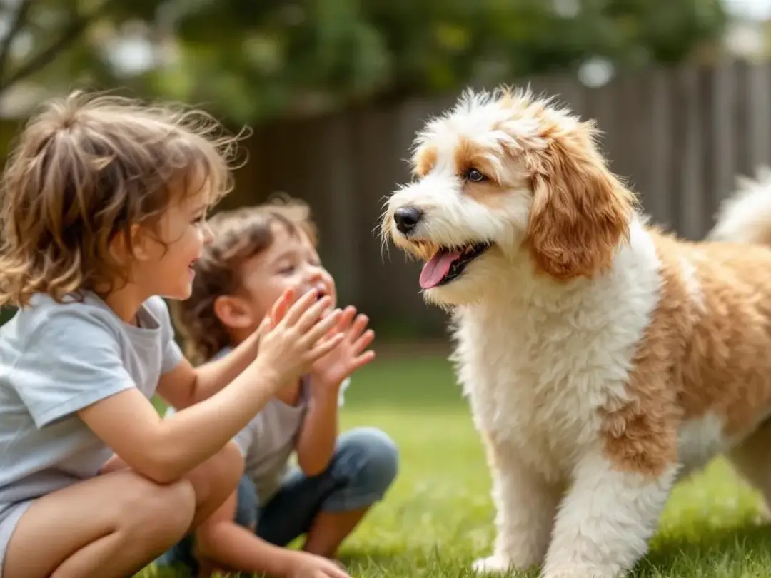 A bernedoodle gently interacts with children in a backyard, showcasing its playful nature and family-friendly...