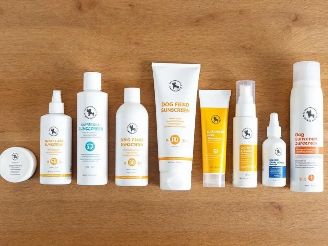 A variety of dog sunscreen products are arranged neatly on a wooden surface, showcasing different brands and...