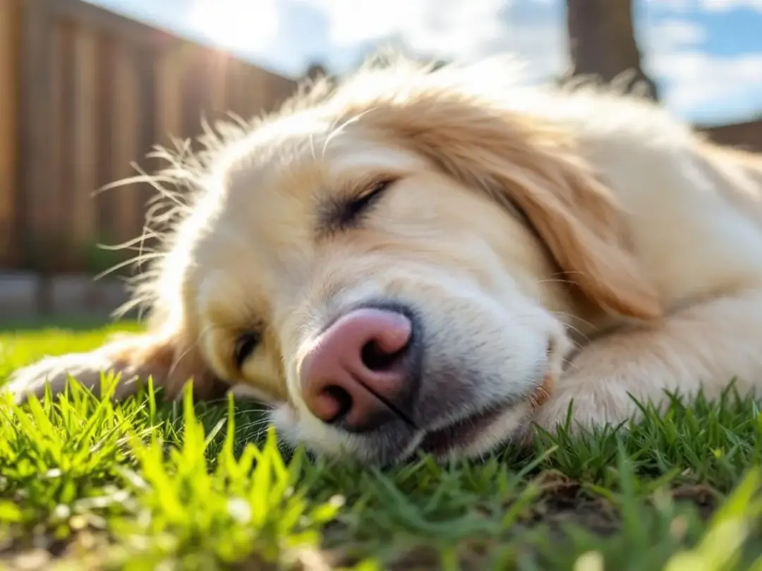 A white dog with a pink nose is lying comfortably in the sunny grass, enjoying the warm sun's rays. This scene...
