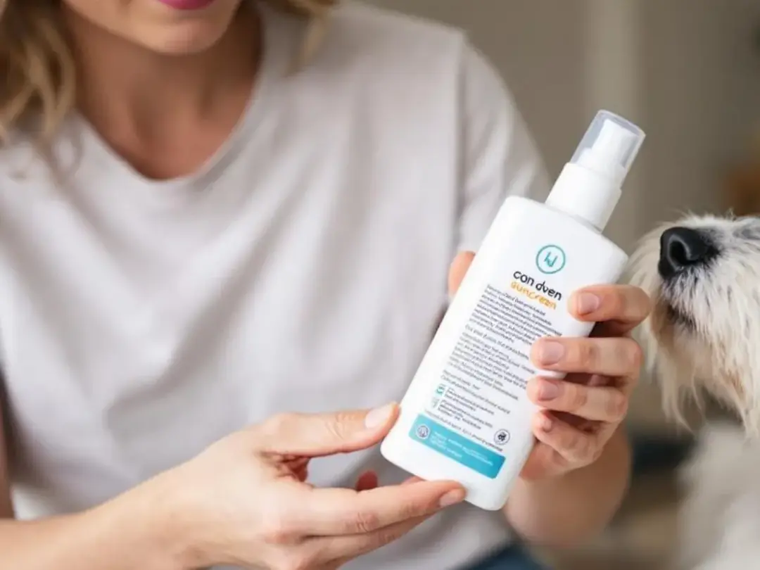A dog owner is closely examining the label of a sunscreen bottle, likely looking for dog sunscreen that offers sun...