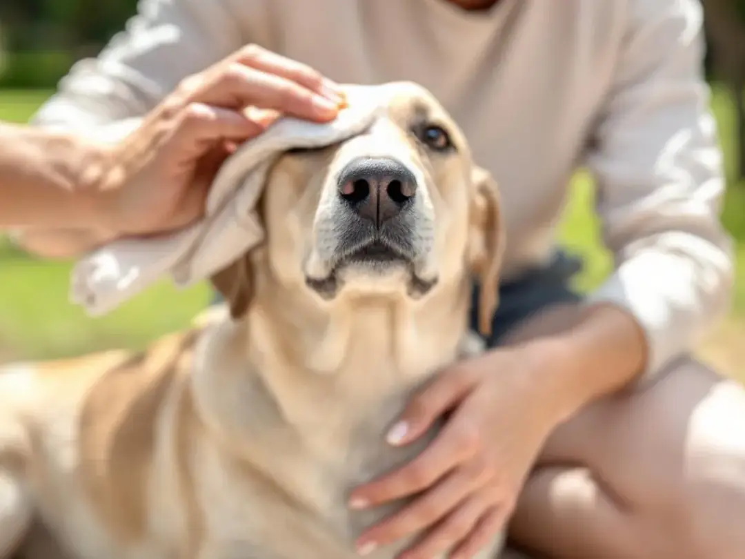 A person is gently applying dog sunscreen to a calm dog's nose, ensuring protection from harmful UV rays and potential...