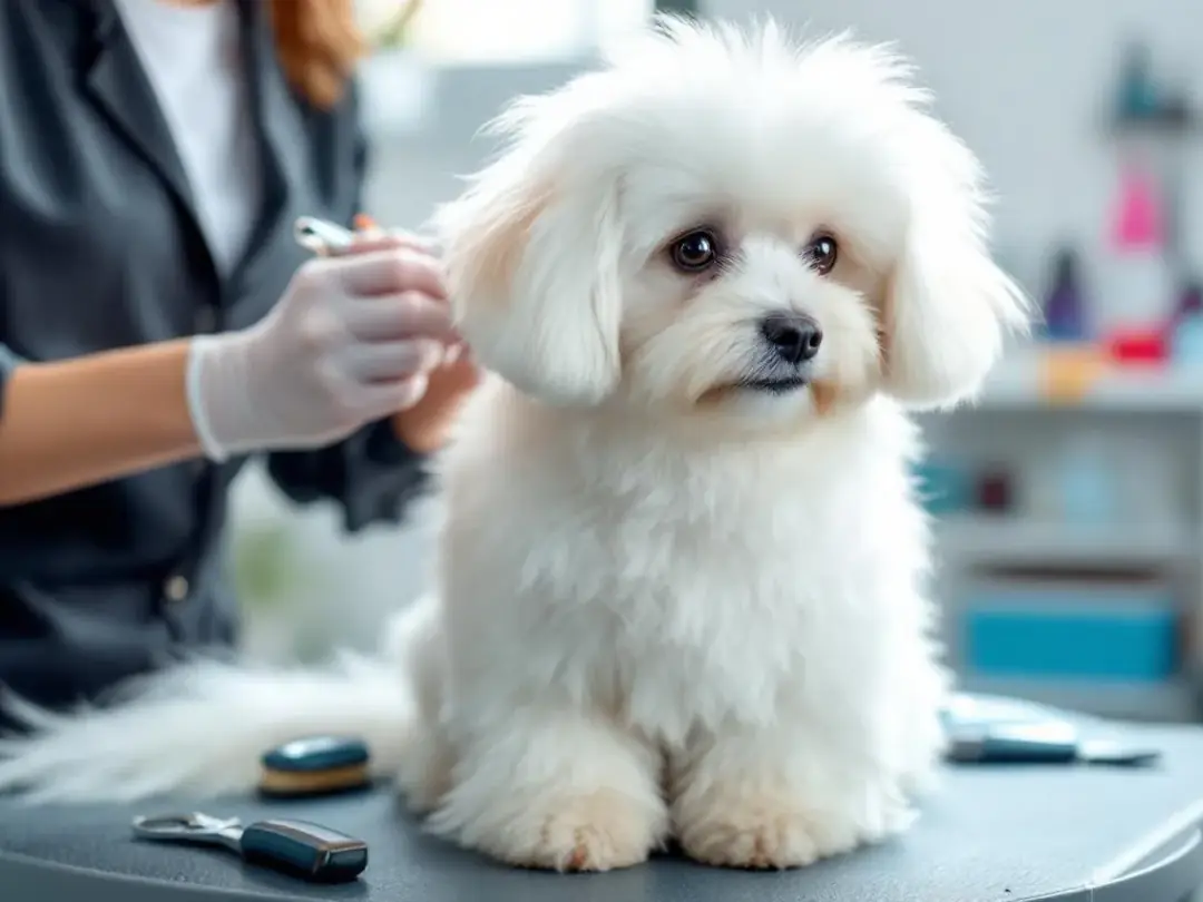 A small, fluffy white dog is being groomed with professional tools, showcasing its soft coat and the care it receives...