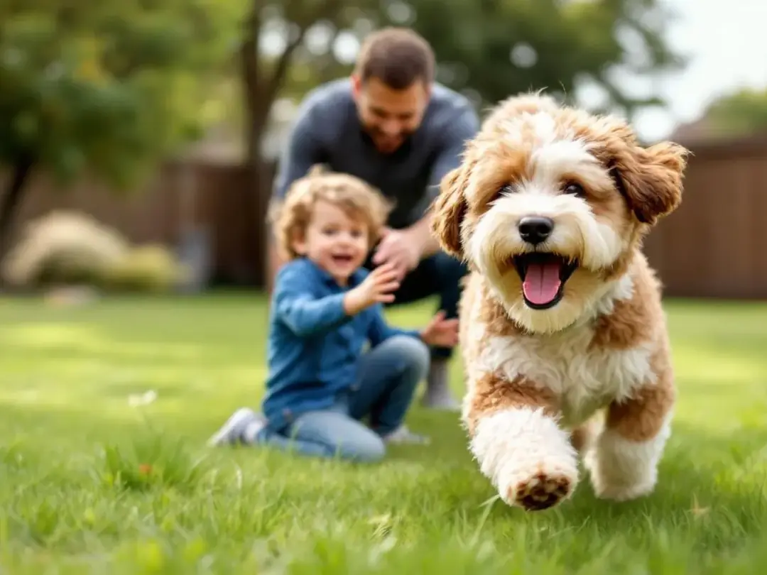 A mixed breed dog with a curly coat joyfully plays with a family in their backyard, showcasing its affectionate nature...