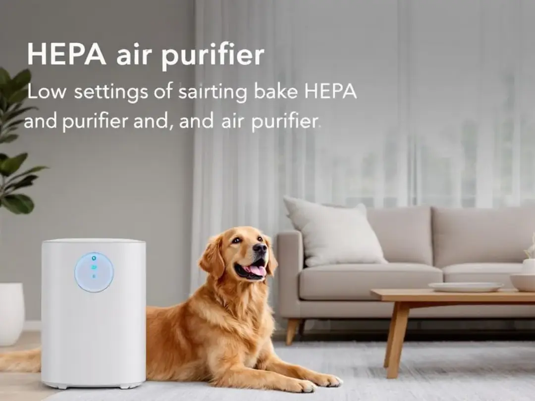 In a modern living room, a HEPA air purifier is running, helping to reduce pet allergens, while a friendly dog...
