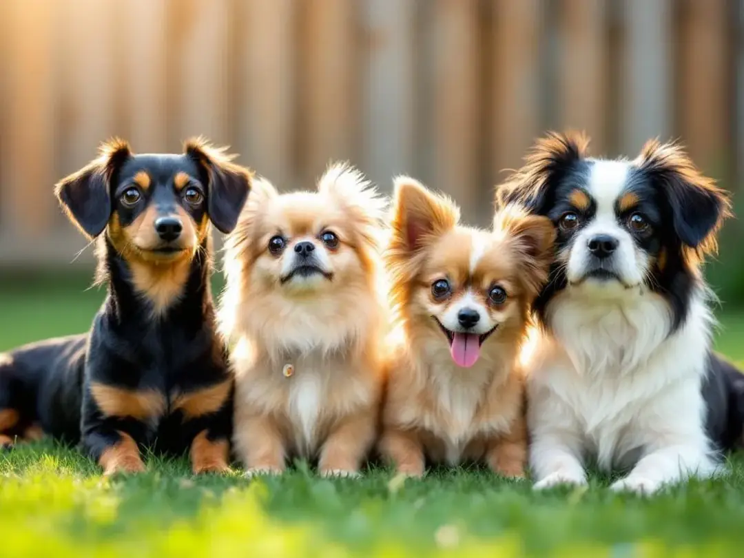 A group of small dog breeds, including a Cavalier King Charles Spaniel, Shih Tzu, and French Bulldog, are sitting...